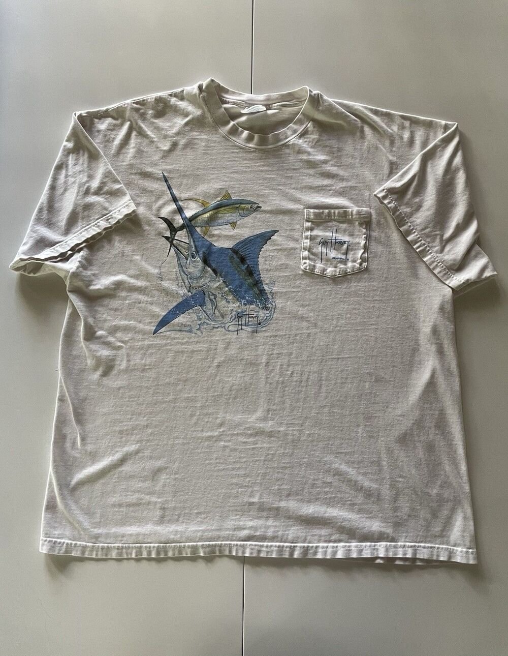Vintage 2XL Guy Harvey Double-Sided Pocket T-Shirt Marlin and Yellow Fin Tuna